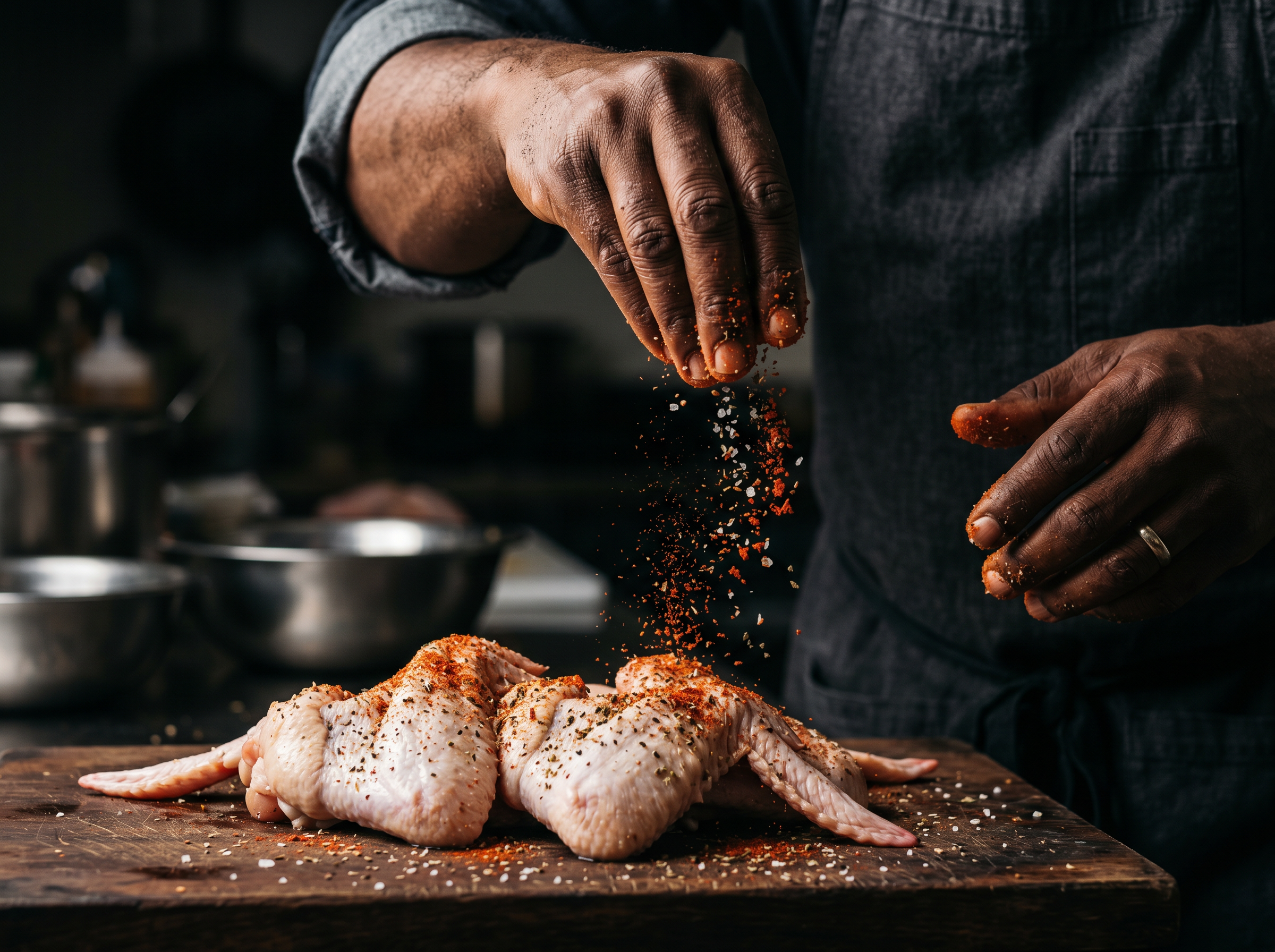 A hand sprinkling coarse dry rub seasoning onto raw chicken wings