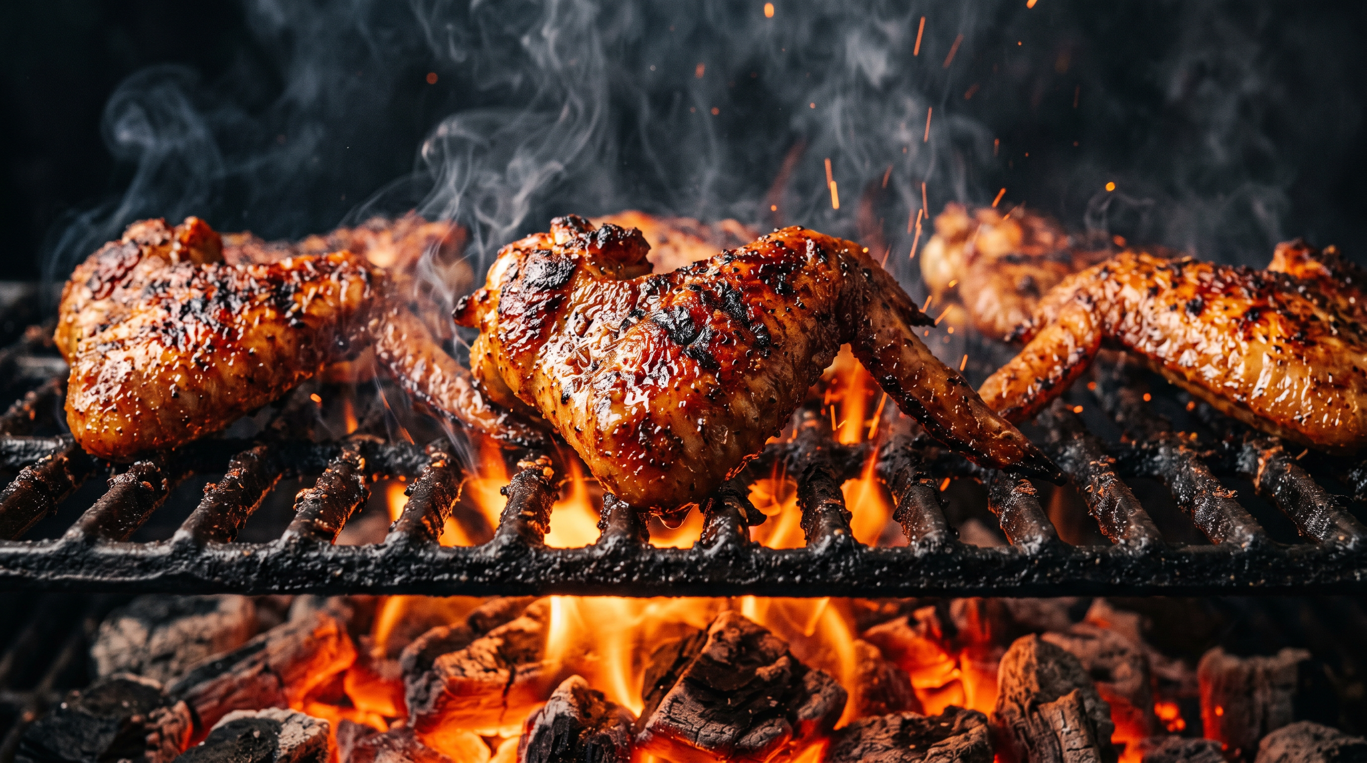 Charcoal-grilled chicken wings sizzling over open flame and glowing embers
